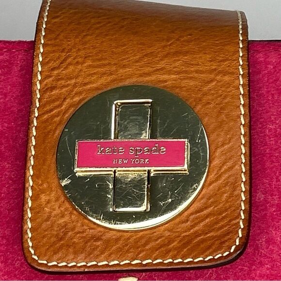 Kate Spade New York Shoulder Bag Pink Wool Brown Leather Trim Zip Top - Picture 2 of 12